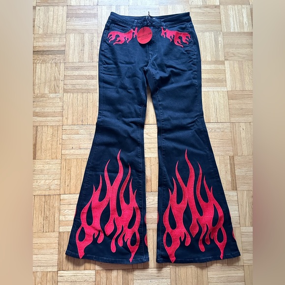 Dolls Kill Denim - Dolls Kill Black and Red Flame Boot Cut Jeans